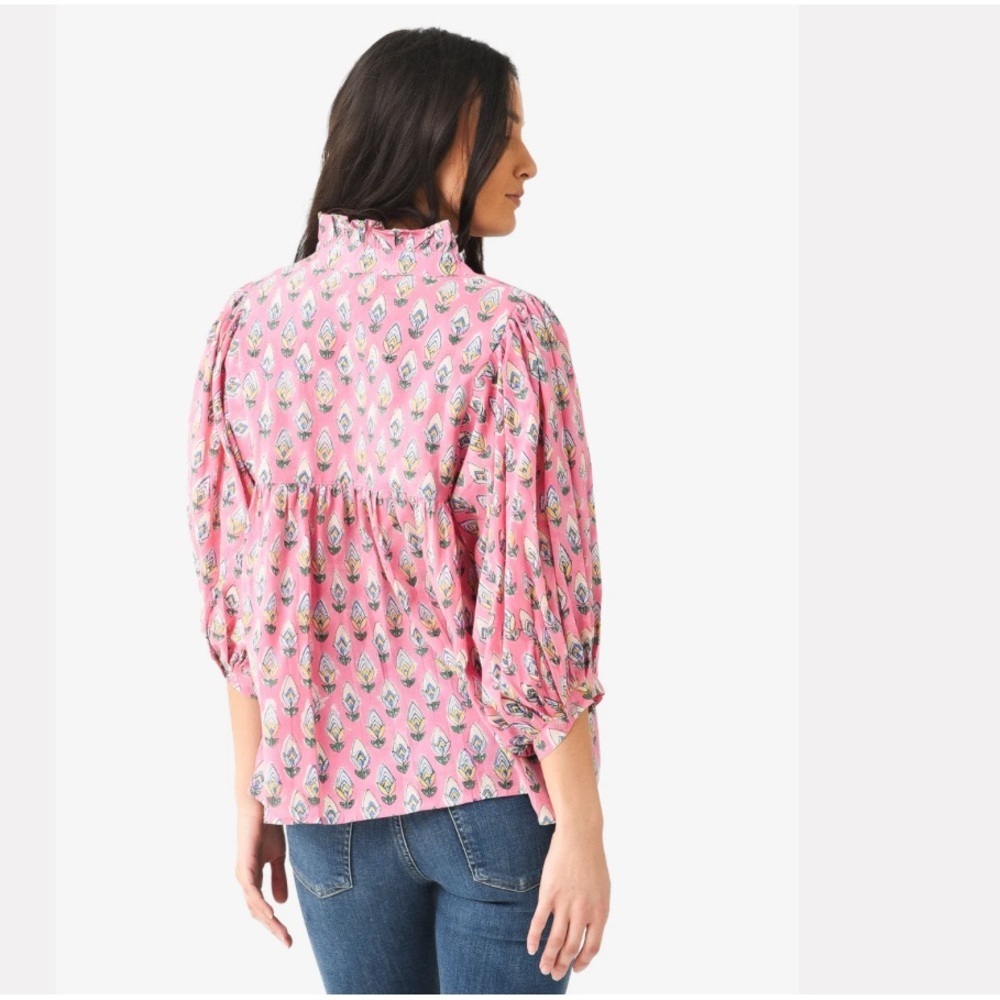 Sur La Vague Women's Pink Floral Puff Sleeve Flowy Ruffle Neck Blouse Small - Picture 2 of 12